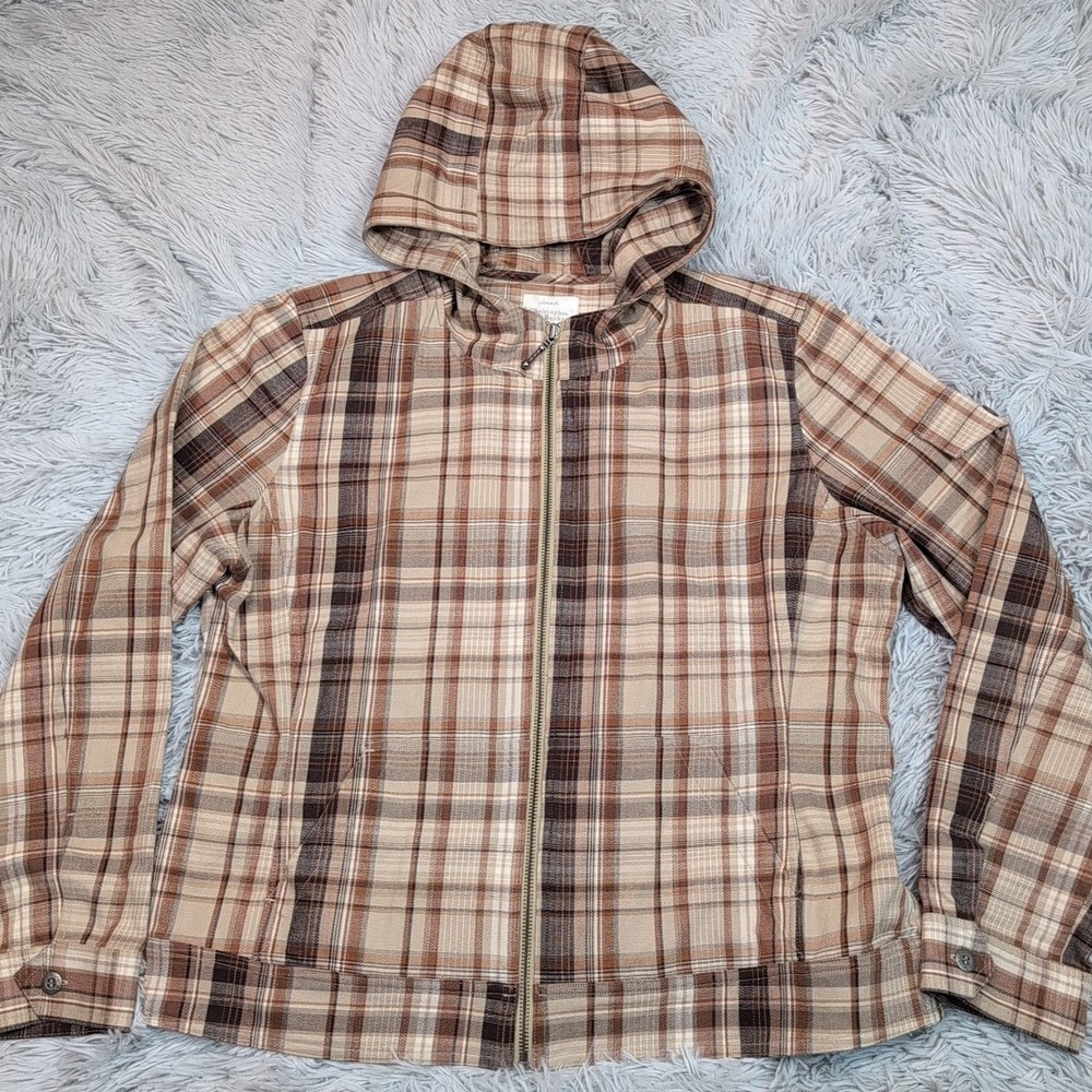 Christopher & Banks Jacket Womens L Biege Plaid Hood Stretch Comfort Pockets